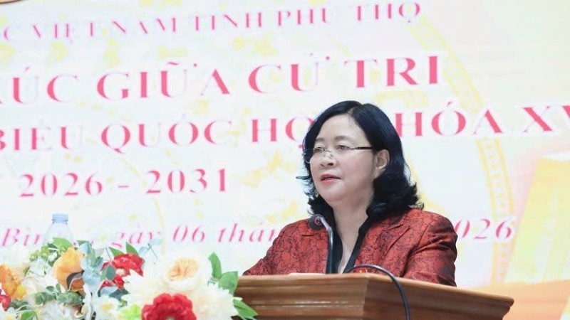 Товарищ Буй Тхи Минь Хоай выступает на встрече. 