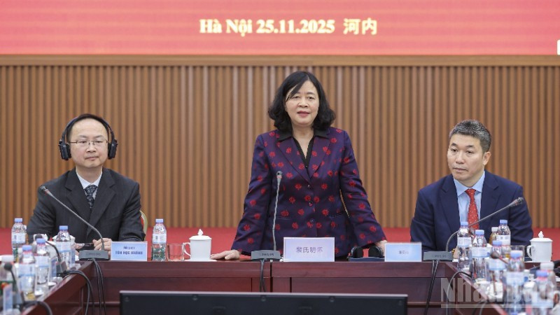 Товарищ Буй Тхи Минь Хоай выступает на приеме. Фото: Динь Хоа