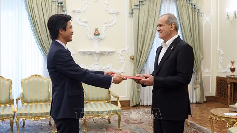 Посол Вьетнама в Иране Нгуен Лыонг Нгок вручает верительные грамоты Президенту Ирана Масуду Пезешкиану. Фото: ВИА