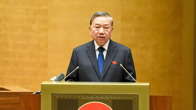 Генеральный секретарь ЦК КПВ выступает в зале здания НС. Фото: Зюи Линь