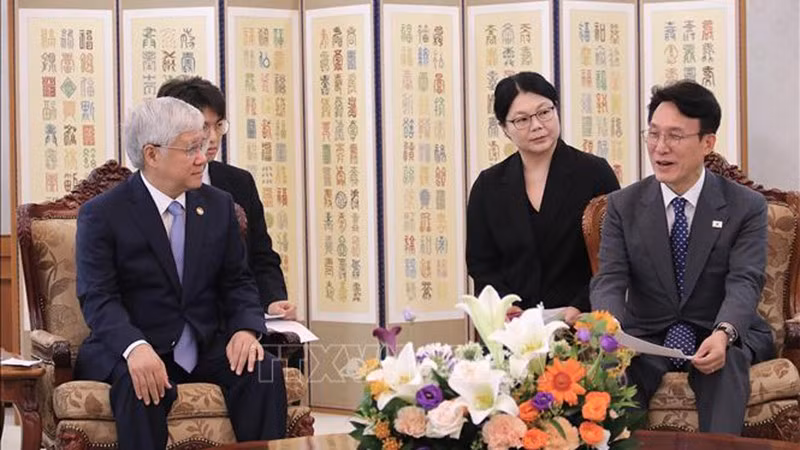 Председатель ЦК ОФВ До Ван Тьиен встречается с Премьер-министром Южной Кореи Мин Ким Соком. Фото: ВИА