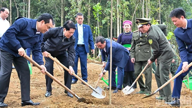 Президент Лыонг Кыонг и делегаты сажают деревья на церемонии запуска акции «Праздник посадки деревьев – Вечная благодарность Дядюшке Хо».