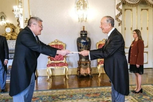 Посол Нгуен Мань Тханг вручает верительные грамоты Президенту Португалии Марселу Ребелу ди Соузе. Фото: Посольство Вьетнама в Португалии