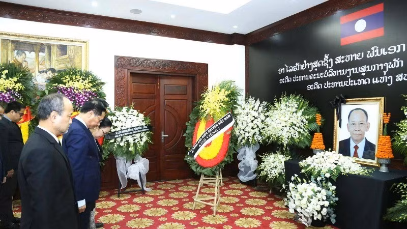 Вице-премьер, Министр иностранных дел Буй Тхань Шон во главе делегации МИД почитает память товарища Кхамтая Сипхандона. Фото: МИД Вьетнама