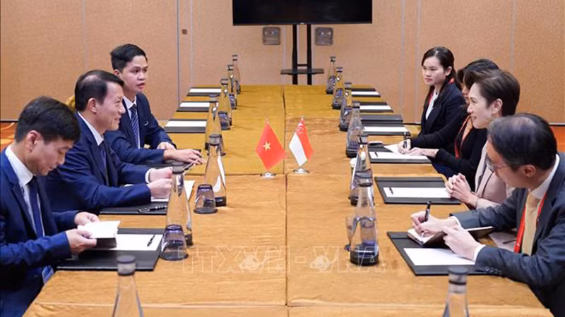 Вьетнамская делегация наносит визит вежливости Министру связи и информации, Министру по вопросам кибербезопасности Сингапура Жозефине Тео. Фото: ВИА