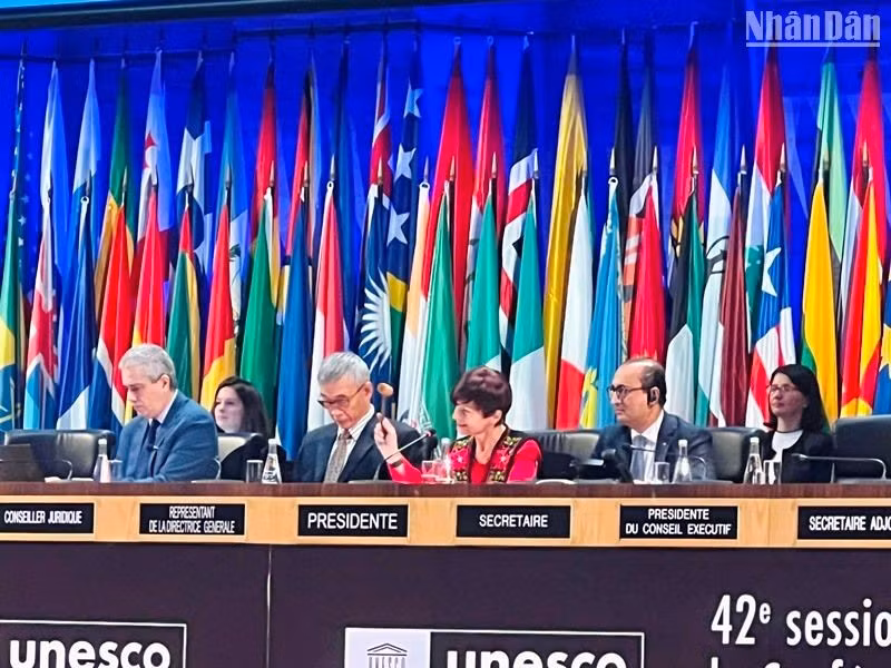 Председатель Генеральной конференции ЮНЕСКО Симона-Мирела Микулеску ударяет молотком в знак принятия резолюции. Фото: Минь Зюи