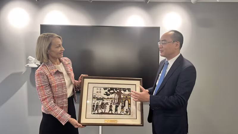 Заместитель генерального аудитора Буй Куок Зунг вручает памятный подарок Заместителю Генерального аудитора Швеции Клаудии Гардберг Морнер. Фото: ВИА