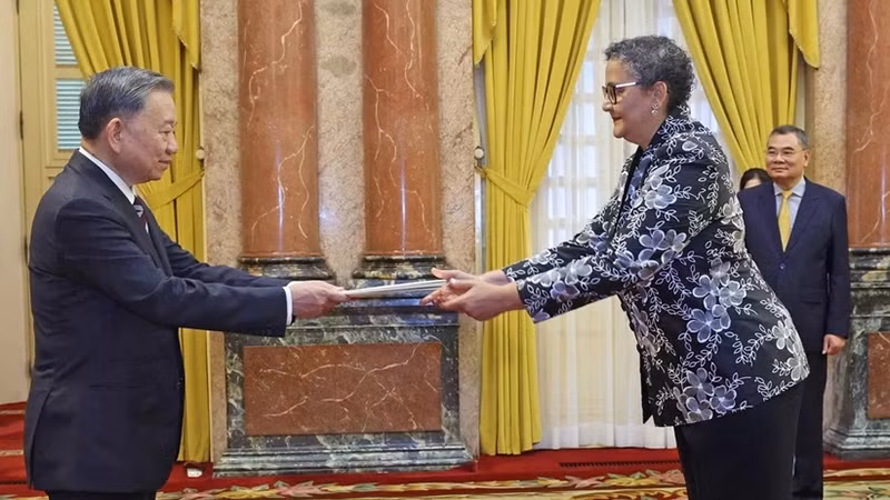 Посол Мозамбика вручает верительные грамоты Президенту То Ламу. Фото: ВИА