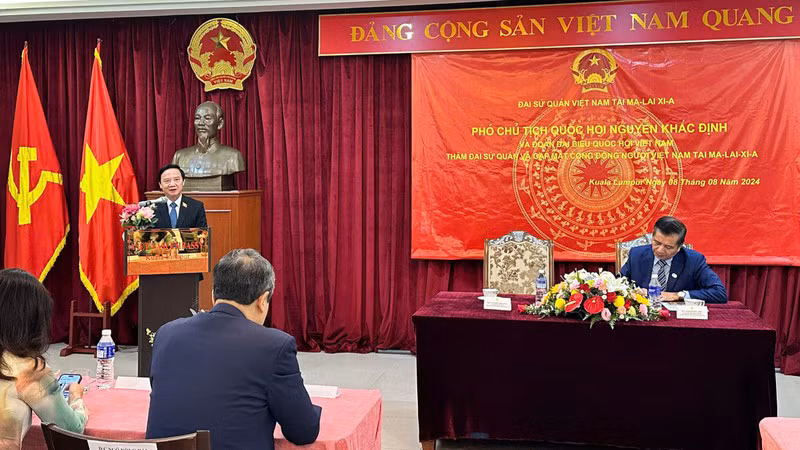 Заместитель председателя НС Нгуен Кхак Динь выступает на встрече.