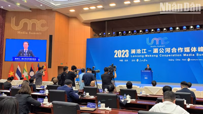 Представитель газеты «Нянзан» выступает на саммите. Фото: Хыу Хынг