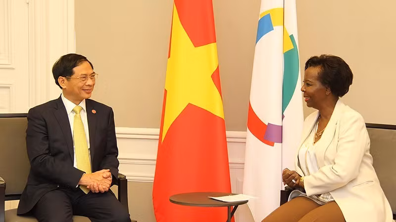 Министр иностранных дел Буй Тхань Шон и Генеральный секретарь МОФ Луиза Мушикивабо. Фото: baoquocte.vn