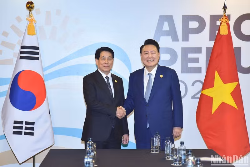 Президент Вьетнама Лыонг Кыонг (слева) и Президент Южной Кореи Юн Сок Ёль.