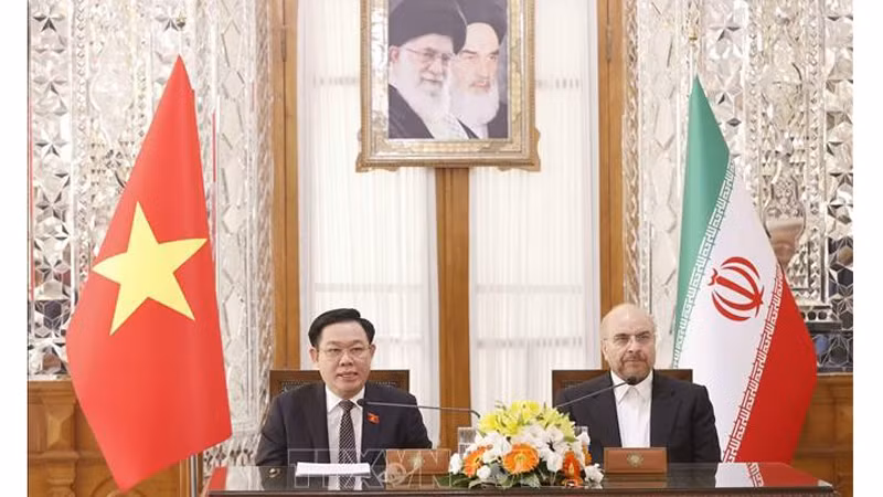 Председатель НC Выонг Динь Хюэ и Спикер Исламского консультативного совета Ирана Мохаммад Багер Галибаф проводят совместную пресс-конференцию. Фото: ВИА