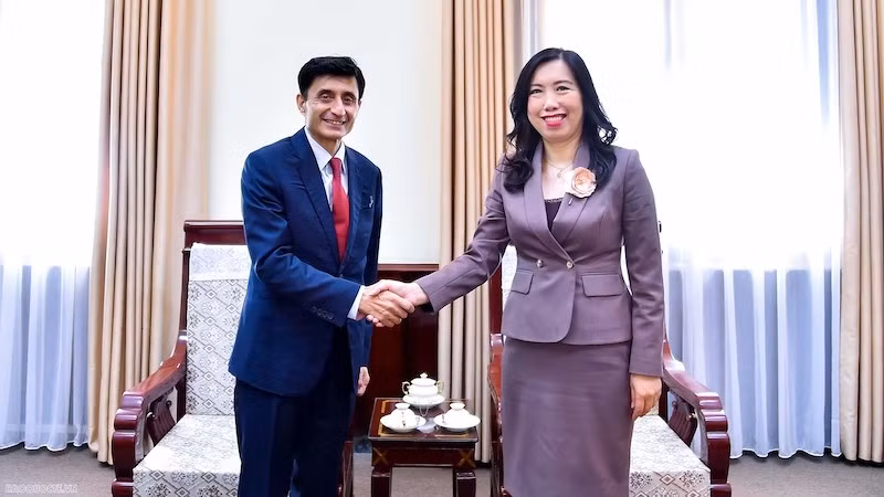 Заместитель министра Ле Тхи Тху Ханг и полицейский советник ООН Файсал Шахкар. Фото: baoquocte.vn 