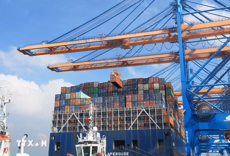 Погрузка контейнеров на судно дедвейтом 200 000 тонн в международном терминале Gemalink, городок Фуми, провинция Бариа–Вунгтау (ныне в составе г. Хошимин). (Фото: ВИА)