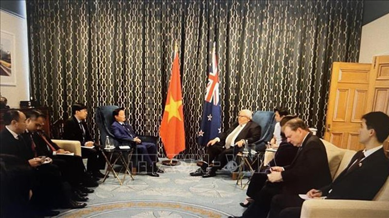 Вице-премьер Чан Хонг Ха наносит визит вежливости Председателю Парламента Новой Зеландии Джерри Браунли. (Фото: ВИА)