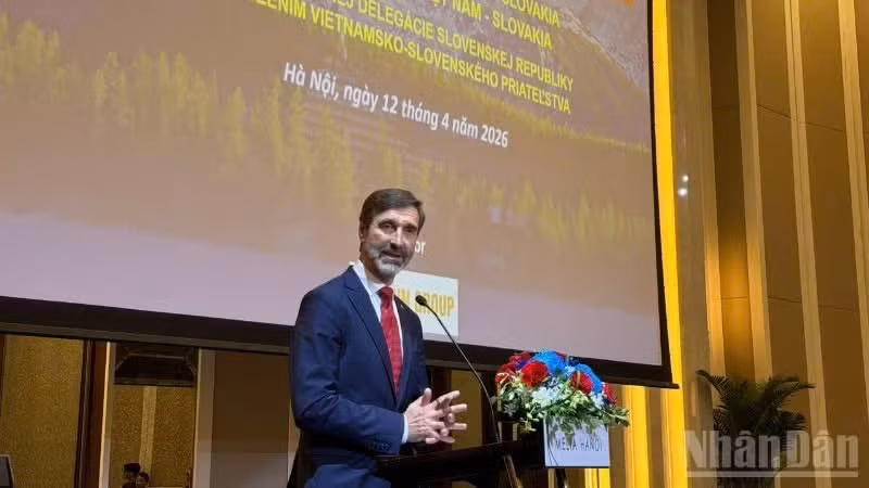 Министр иностранных и европейских дел Словакии Юрай Бланар выступает на встрече. (Фото: Кхань Лан)