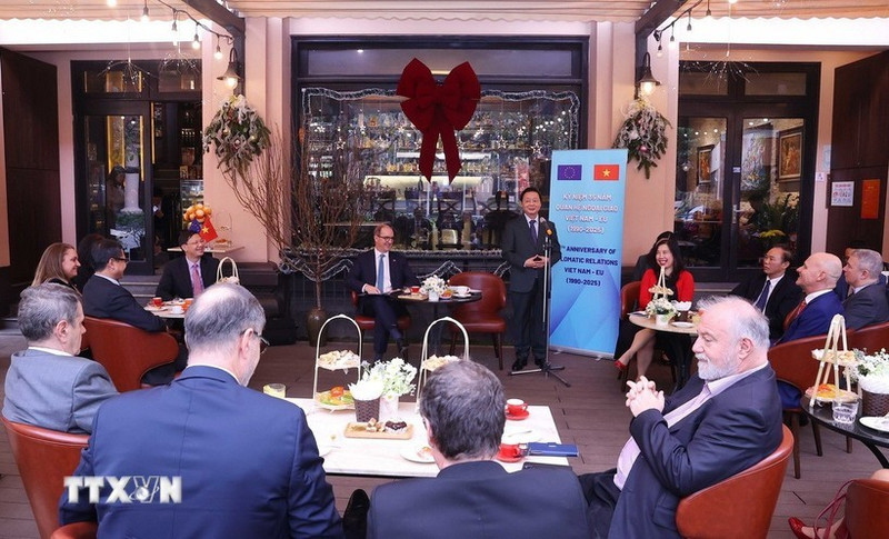 Общий вид встречи заместителя Премьер-министра Чан Хонг Ха с послами, временными поверенными в делах Европейского союза и государств-членов. (Фото: ВИА)