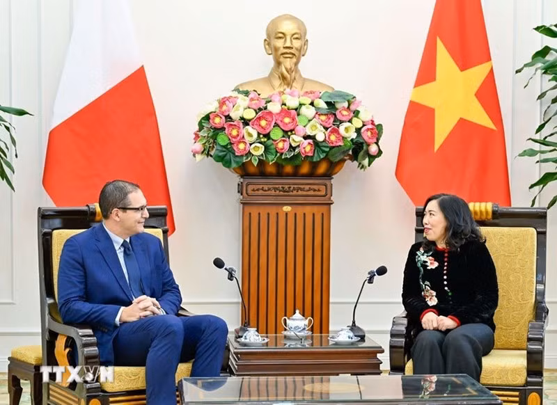 Заместитель министра иностранных дел Ле Тхи Тху Ханг и Постоянный заместитель министра иностранных дел и туризма Мальты Кристофер Кутаджар. (Фото: ВИА)