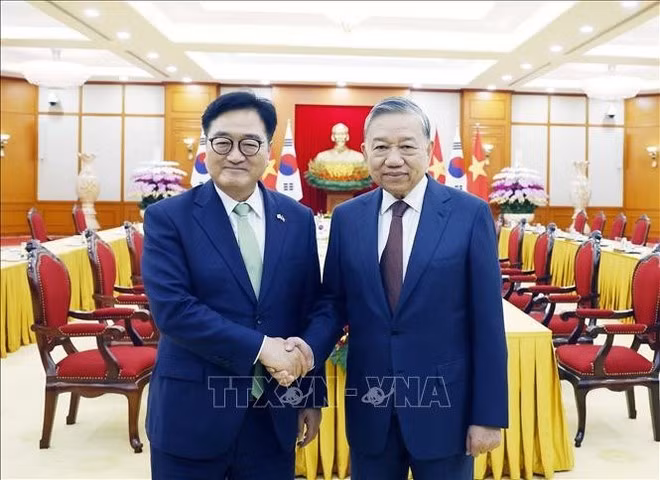 Генеральный секретарь То Лам проводит встречу с Председателем НС Республики Корея У Вон Шиком. (Фото: ВИА)