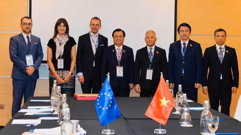 Заместитель председателя Национального собрания (НС) Вьетнама Ле Минь Хоан, глава делегации ЕП Воутер Беке и делегации.