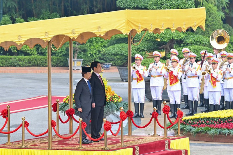 Президент Лыонг Кыонг председательствует на церемонию встречи Султана Брунея-Даруссалама Хаджи Хассанала Болкиаха. (Фото: Тхюи Нгуен)