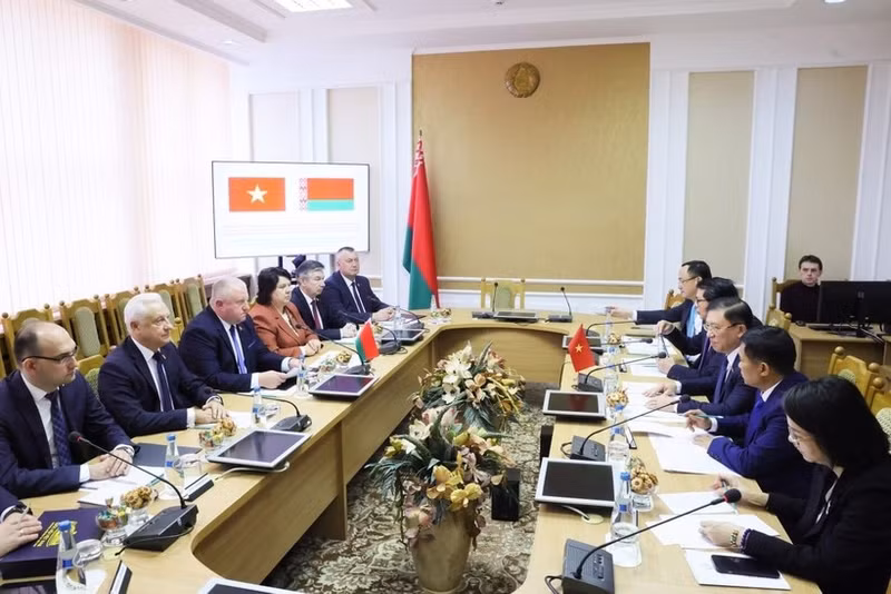 Общий вид рабочей встречи с Рабочей группой по сотрудничеству между парламентами Беларуси и Вьетнама. (Фото: Daibieunhandan)