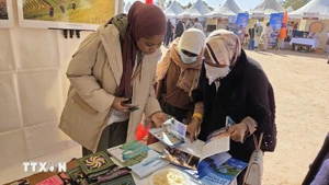 Алжирские посетители знакомятся с туристическими изданиями о Вьетнаме на фестивале. (Фото: ВИА)