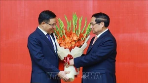 Премьер-министр Фам Минь Тьинь вручает Решение о назначении исполняющего обязанности министра Министерства промышленности и торговли товарищу Ле Мань Хунгу. (Фото: ВИА)