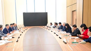 Постоянный заместитель премьер-министра Нгуен Хоа Бинь и делегация Правительства Вьетнама на рабочей встрече с председателем Национального банка Казахстана Тимуром Сулейменовым. (Фото: ВИА)