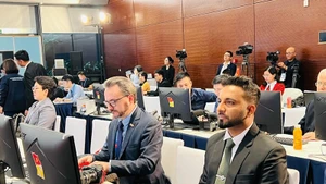 Международные представители наблюдают за работой XIV съезда в Национальном конференц-центре. Фото: ВИА