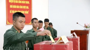 Новобранцы 2-го учебно-мобильного батальона (провинция Ламдонг) с энтузиазмом приняли участие в досрочном голосовании. Фото: ВИА