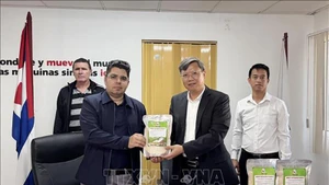 Посол Ле Куанг Лонг (второй справа) символически вручает 250 тонн риса Заместителю министра сельского хозяйства Кубы Тельсе Абделю Гонсалесу. Фото: ВИА 