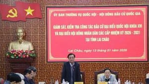 Заместитель Председателя НС Ле Минь Хоан выступает на рабочем заседании по подготовке к выборам в провинции Лайтяу. Фото: ВИА