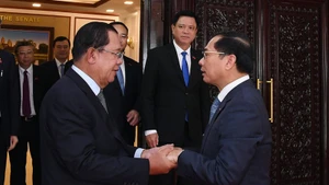 Вице-премьер Буй Тхань Шон наносит визит вежливости Председателю Народной партии Камбоджи, Председателю Сената Хун Сену. Фото: VGP