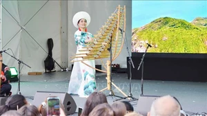 Артистка Вьетнамского культурного центра во Франции играет на народном музыкальном инструменте «трынг». Фото: ВИА