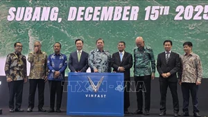 Делегаты нажимают кнопку в знак введения завода в коммерческую эксплуатацию. Фото: ВИА