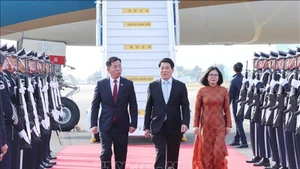 Церемония встречи Президента Лыонг Кыонга в аэропорту Кимхэ в городе Пусан. Фото: ВИА