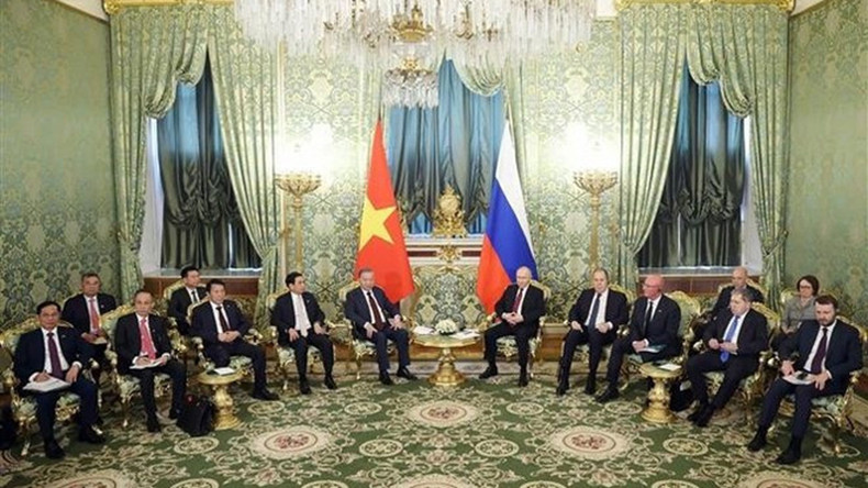 Генеральный секретарь ЦК КПВ То Лам проводит переговоры с Президентом России Владимиром Путиным в Кремлевском дворце в Москве 10 мая (по местному времени). Фото: ВИA