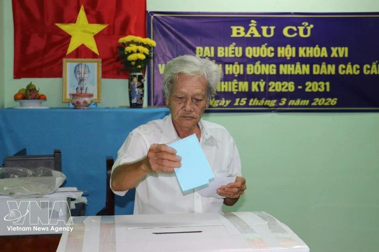 Жители общины Танфудонг провинции Донгтхап досрочно голосуют на избирательных участках. Фото: ВИА