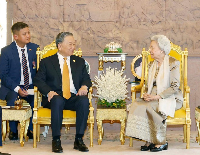 Генеральный секретарь То Лам навещает и проводит тёплую беседу с Королевой-матерью Нородом Монинеат Сианук. (Фото: ВИА)