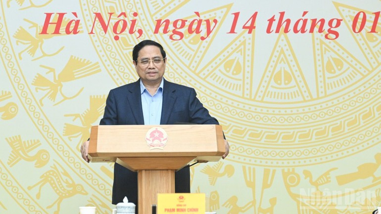 Премьер-министр Фам Минь Тьинь выступает с заключительным словом на конференции.