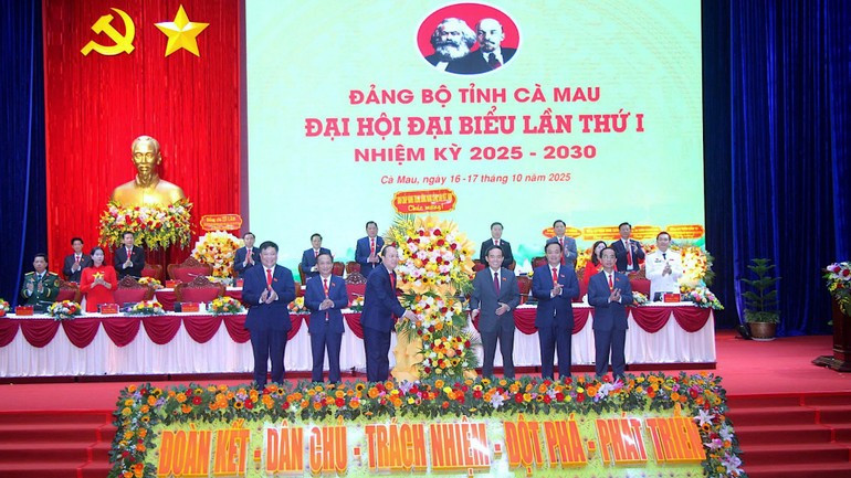 Товарищ Чан Лыу Куанг от имени Политбюро и Секретариата вручает цветы и подарок съезду.