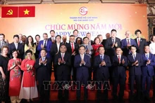 Член Политбюро, Секретарь Партокома г. Хошимина Чан Лыу Куанг и руководители города фотографируются на память с делегатами на встрече. Фото: ВИА