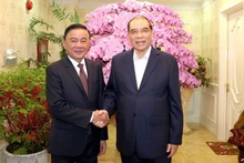 Постоянный член Секретариата Чан Кам Ту поздравляет бывшего Генерального секретаря ЦК КПВ Нонг Дык Маня с наступающим Тэтом. Фото: Зюи Линь