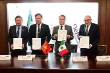 Заместитель министра До Суан Туен, Посол Вьетнама в Мексике Нгуен Ван Хай и руководители Министерства здравоохранения Мексики на церемонии подписания Меморандума о взаимопонимании по сотрудничеству между министерствами здравоохранения двух стран. Фото: Министерство здравоохранения Мексики