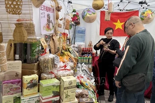 Посетители осматривают и знакомятся с продукцией на стенде Торгового представительства Вьетнама в Гонконге. (Фото: ВИА)