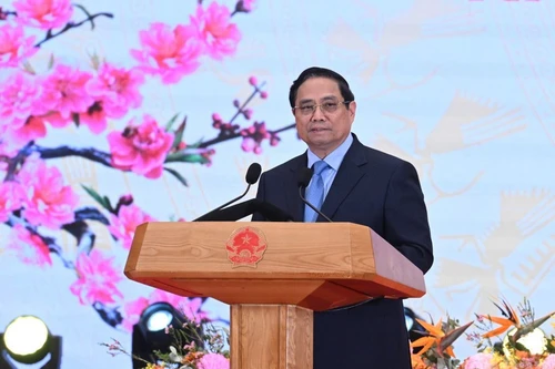 Премьер-министр Фам Минь Тьинь выступает с новогодним поздравлением на приеме. (Фото: Чан Хай)