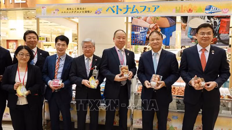 Замминистра промышленности и торговли До Тханг Хай, Посол Вьетнама в Японии Фам Куанг Хиеу и руководители корпорации AEON представляют вьетнамские фрукты на событии. Фото: ВИА