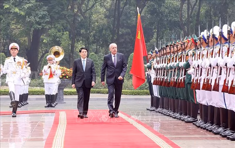 Президент Лыонг Кыонг и Президент Венгрии Тамаш Шуйок обходят строй почетного караула. Фото: ВИА